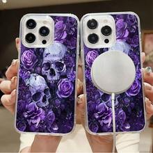 Calaberas y rosas moradas oscuras florecen belleza gótica.Funda de teléfono magnética Elemento de diseño de funda para teléfono, una funda elegante y delicada hecha de material TPU, con diseño - Succión magnética transparente - Ver 2