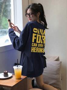 女款春季新款字母對比色印花休閒寬鬆街頭風長袖T恤上衣 - 藏藍 - 查看 7