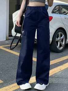 1pc Tween Girls Casual Butterfly Print Loose Cargo Pants With Pockets, Comfortable & Versatile - Navy Blue - View 5
