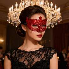 1个红色闪光镂空狐狸面具，威尼斯蕾丝化妆舞会面具，塑料半脸面具，适用于情人节、万圣节、圣诞节、节日、主题派对、化装舞会、威尼斯狂欢节、戏剧表演、摄影道具、贵族舞会用品、派对服装 - 紅色 - 查看 3