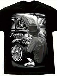 Mens 220g Heavyweight DGA Reflections Lowrider Vintage Car & Lowrider Skull Graphic T-Shirt - Black  70s80s Streetwear Tee, Soft Breathable Fabric, Machine Washable Regular Fit Casual Shirt For Car Shows & Casual Attire, Round Neck Short Sleeve With - 黑色 - 查看 2