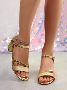 Elegant Buckle Decor High Heel Mule Sandals For Women, Thin Heel, Versatile, Fashionable Slide Sandals - Gold - View 6