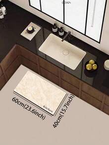 1pc Silica Gel Kitchen Floor Mat, Faux Marble Texture In Light Beige Natural Stone Appearance, With "Kitchen" Text, Approx. 3.5mm Thick, Customizable Size, Suitable For Kitchen, Bathroom, Entryway, Laundry Room, Bedroom, Living Room Decor