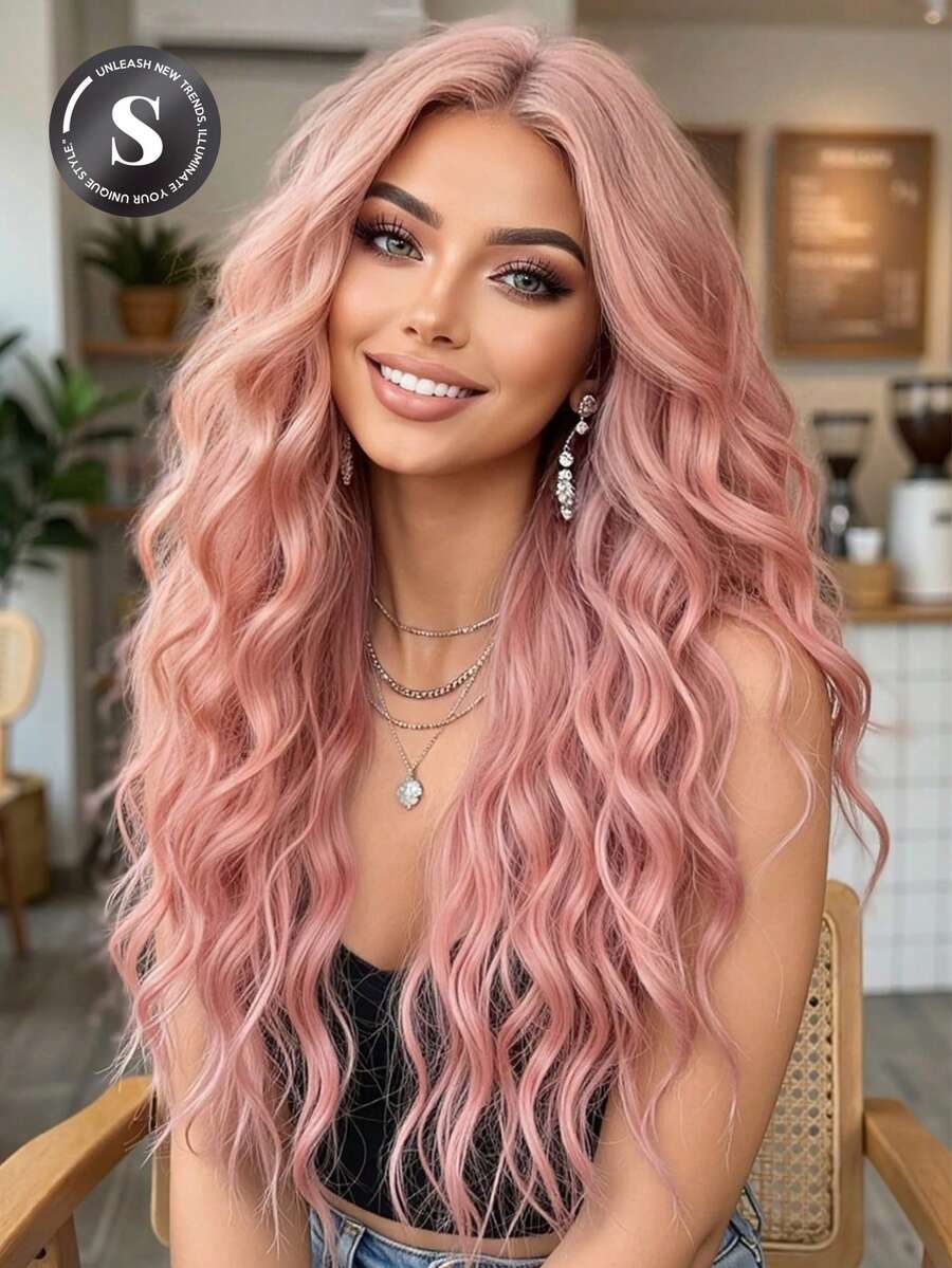 28英寸长波浪形合成假发，无刘海，粉色卷发假发，蓬松粉色中长卷发假发，专为女性设计：外观自然，耐热，适合派对、角色扮演、日常佩戴，也适合派对、音乐节，是理想的母亲节礼物，完美展现派对时尚。