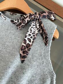 1pc Women Leopard Print Tie Neck Vest, Casual Loose Fit Knit Top - Grey - View 4