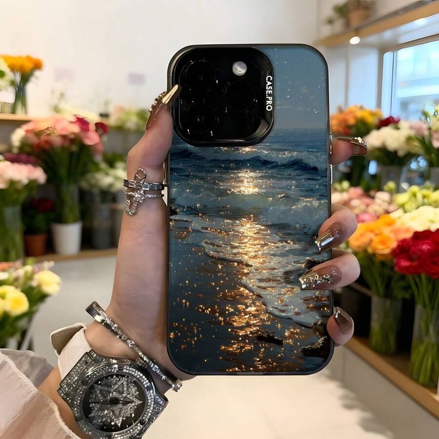 Funda de telefono con diseño de mar y reflejos dorados color azul oscuro con texto CASENO para uso diario en ambiente elegante y floral,Aplicable a los teléfonos de la serie Apple y Galaxy - Negro - Ver 1