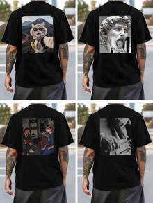 Customized Personalized Boyfriend Style Men's Casual Loose Crew Neck T-Shirt - Add Your Own Photo (Family, Selfie, Pet, Friend, Couple, Girlfriend), Gift/Holiday/Festival Fashion, Streetwear, Casual, Minimalist Personalized, Customized, Unique Men's Clothing, Spring/Summer/Autumn, Capsule Wardrobe, Men's Basics/Streetwear, Ideal Gift For Him - Black - View 4