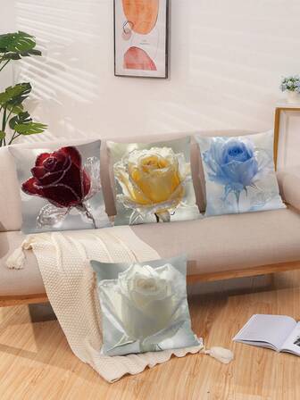 4 st flerfärgade örngott med rosor och ränder för alla hjärtans dag, hjärtformade örngott med pilar och bondgårdstema för vardagsrum, matsalar, caféer och soffor (utan fyllning)