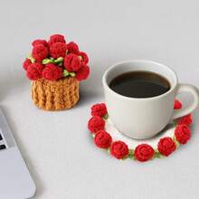钩编花束杯垫，钩编盆栽花卉，手工迷你编织玫瑰浪漫礼物，适合女孩、母亲、生日、周年纪念日、情人节，红色，趣味柔软装饰饮料杯垫，保护咖啡桌，家居装饰，钩编花卉杯垫，创意礼物，家居装饰，毕业礼物，派对装饰，学习用品，返校礼物 - 彩色 - 查看 7