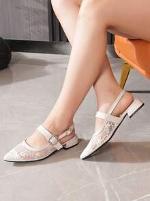 Neue atmungsaktive Mesh-Slip-On-Mules für den Sommer, spitzer Zehenbereich, Plateau-Absatz, passend zu Kleidern, mit Stickerei-Dekor, für Partywear - Aprikosenfarben - Übersicht 4