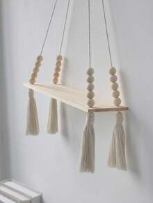 1件套流苏编织壁挂支架，波西米亚风格木质书架，易于安装，四季皆宜的百搭家居装饰，农舍木珠悬浮置物架，乡村风格悬挂式植物架——适用于卧室、客厅、花园、农舍、托儿所和书房