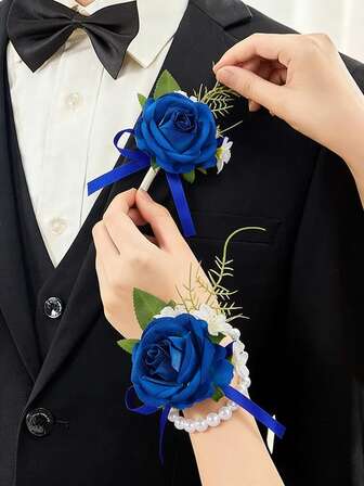 1 Set de Broche y Boutonnière de Flor de Rosa, que incluye Broche, Brazalete, Pulsera, Adecuado para Decoración de Vestido de Gala, Alfileres de Solapa para Padrinos de Boda, Accesorios Florales de Boda, Decoración de Traje para Fiesta
