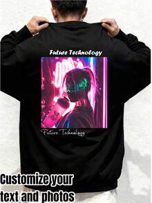 Personalized Men's Hooded Sweatshirt Custom Text & Photo Customizable Casual Pullover For Men - Black - View 1