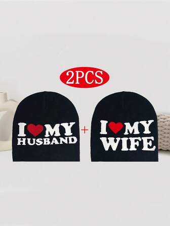 情侣帽两件套，情人节礼物，“我爱我的丈夫/妻子”提花针织帽，适合春秋季、冬季户外骑行，男女通用保暖滑雪帽，Y2K时尚街头风针织帽，美观的新款度假装扮