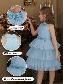 Đầm dạ hội lưới 3D họa tiết hoa cho bé gái, đầm dự tiệc màu xanh nhạt thanh lịch, đầm công chúa phù hợp cho tiệc sinh nhật, dạ hội, bé gái cầm hoa trong đám cưới, cuộc thi sắc đẹp, Lễ Tạ ơn, lễ tốt nghiệp. - Màu xanh nhạt - Xem 9