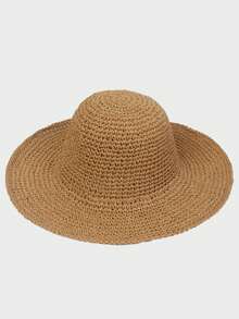 1顶女士草帽，素色钩针编织大帽檐可折叠草帽，时尚百搭，是夏季海滩度假的理想之选 - 草帽 - 查看 7