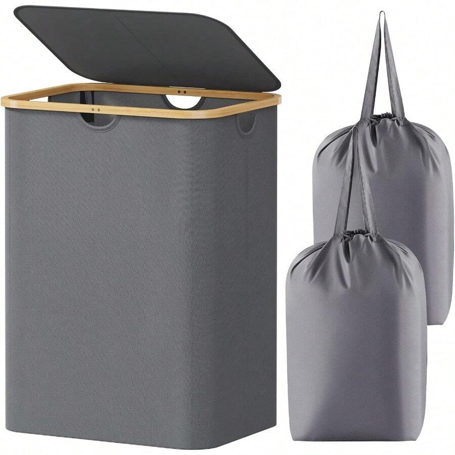 Lifewit Cesto para la Ropa Sucia de 150L con Tapa Cesta para la Colada con Asas de Bambú y 2 Bolsa Extraíble Cesto de Ropa Plegable Grande para Dormitorio Cuarto de Baño Lavadero Gris - Gris - Ver 1