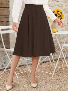 Women's Midi Skirt High Waist A Line Pleated Flare Business Casual Skirts With Pockets For Office Dating An Elastic Waistband For Comfort, And A Two-Button Closure With Adjustable Waist Tabs For A Tailored Fit - 棕色 - 查看 3