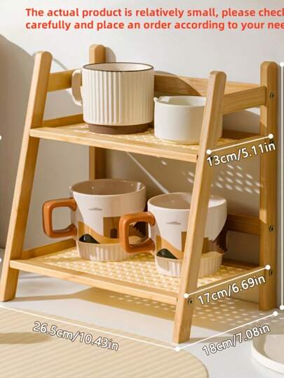 1pc 2-Tier Wooden Shelf, 17.72 Inches Artificial Rattan Multi-Purpose Storage Organizer, Suitable For Kitchen And Living Room, Desktop Holder For Mugs, Cups And Small Items, Durable Wooden Material, Space-Saving Design, Vertical Shelf, Best Gift Choice For Christmas, Halloween, New Year