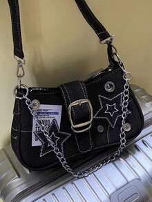 Y2K Style Retro Shoulder Bag For Women, Color Block Crossbody Star Chain Purse Small Bag For Girls, Ladies, Students, Young Professionals, Office Workers, Commuters, School Outings, Stars Hollow Women Bag, 2000s Fashion Style Bag For Women, Halloween/Christmas/New Year Purse Perfect For Fancy Party Halloween//Christmas/New Year  Fashion & Gothic Fashion, Best Halloween/Christmas/New Year  Gifts For Women - màu đen - Xem 4