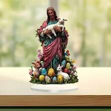 Estátua de Jesus com Cordeiro e Coelho em Acrílico 10x15cm - Decoração de Mesa Estilo Vintage, Tema Religioso, Ideal para Presentes de Páscoa e Dia dos Namorados, Decoração Doméstica Multiuso, Sem Necessidade de Eletricidade - Multicolorido - Visão 5
