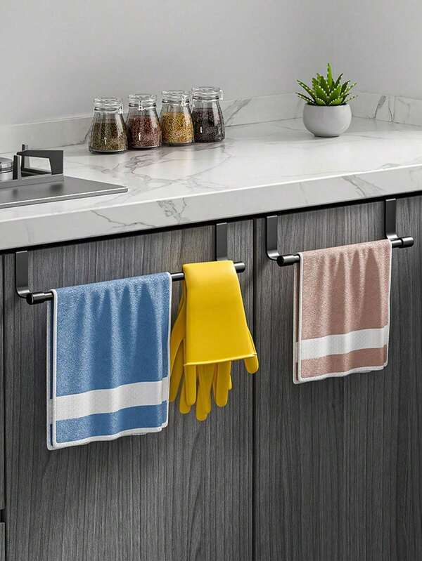 1/2pcs Black Stainless Steel Towel Rack, Hang On Cabinet Doors, No Drilling Required, Fits 0.74" Thick Doors, Space Saving Rag Hook, Kitchen Accessories,Stainless Steel Towel Rack - Multi-Functional Single-Door Bathroom/Kitchen Cabinet Towel And Rag Holder - No-Drilling Towel Holder
