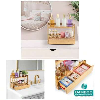 Bathroom Counter Organizer U2013 2 - Tier Shelf With Hidden Drawer Vanity, Matcha Station, Bathroom Sink Organizer Countertop, Kitchen Office Storage 17u2033u202FLu202Fxu202F6.5u2033u202FWu202Fxu202F12.6u2033u202FH Brown