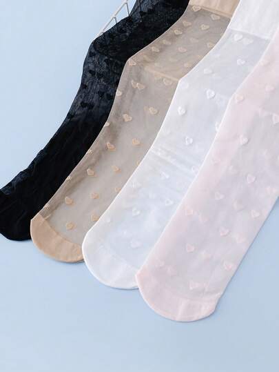 4 Pairs Girls' Cute Heart Pattern Tights, Holiday Style Pantyhose For Girls, Suitable For Daily Wear, Spring/Summer