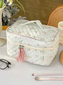 1pc Friend Gift Green Floral Bow Plaid Quilted Girls Makeup Bag, Portable Large Capacity Cosmetic Bag With Zipper, Suitable For Travel And Vacation Essentials, Can Store Sanitary Pads, Keys, Phone, Charger, Lipstick, Cosmetics, Perfume, Makeup Brushes, Etc., Can Be Used As Skincare And Beauty Product Storage Bag, Suitable For Women, Students, Female Students, Also An Ideal Choice For Holiday And New Year Gifts. - Green - View 10