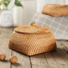 1pc Handmade Rattan Storage Box With Lid, Organizer Box, Small Box, Chess Piece Box, Candy Box, Jewelry Box, Natural Plant Rattan Crafts - Upper Circle and Lower Box - View 1