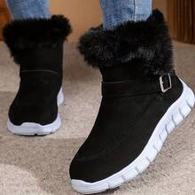 Women's Snow Boots With Buckle Decoration, Faux Suede And Teddy Fleece Lining, Simple Outdoor Sports Warm Snow Boots, Thick-Soled Short Snow Boots, Women's Flat Short Winter Fleece-Lined Warm Boots - màu đen - Xem 5