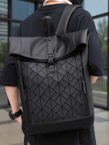 peach tree 1个时尚纯色可调节肩带拉链绗缝背包，休闲简约日常/商务/旅行包，大容量可容纳15.6英寸平板电脑，轻便防水，多功能PU翻盖背包 - 黑色 - 查看 5