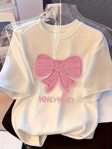 Camiseta casual de manga corta para mujer con cuello redondo y estampado de letras - Blanco - Ver 1