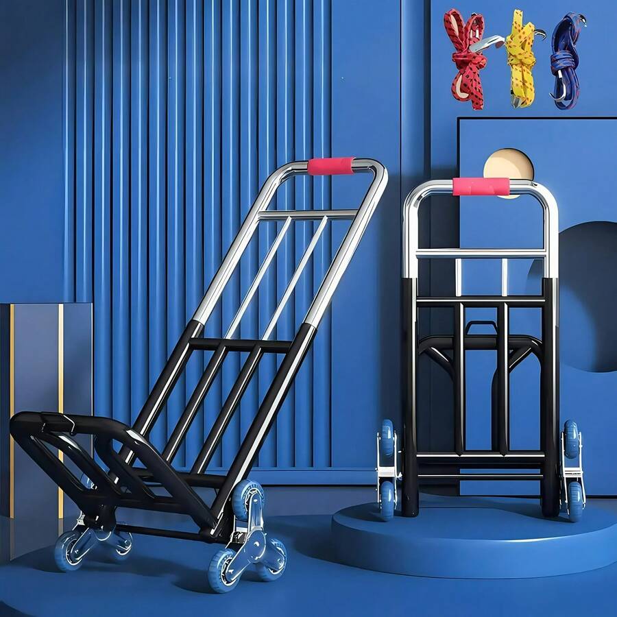 1pc Heavy Duty Folding Hand Truck With Adjustable Buckle Gear, Stair Climbing Wheels, And Portable Lift Hand Truck For Transporting And Shopping, Foldable Hand Truck - 1 Chiếc + 3 Dây buộc - Xem 1