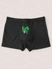 Men's Black Letter Print Briefs, Elastic Comfortable Everyday Underwear - Black - View 2