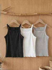 3pcs Girls' Basic Solid Color Camisole Tops, Soft Breathable Knit Fabric, Suitable For Daily Wear, Workout, Cycling, Dancing - Multicolor - View 1