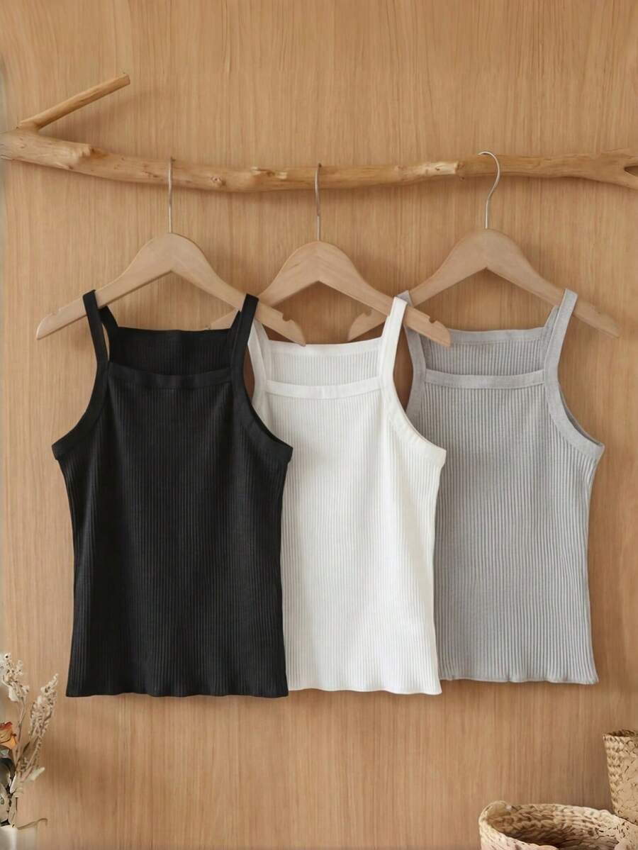 3pcs Girls' Basic Solid Color Camisole Tops, Soft Breathable Knit Fabric, Suitable For Daily Wear, Workout, Cycling, Dancing - Multicolor - View 1