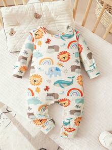 Baby Boy Cartoon Animal Print Crew Neck Long Sleeve Casual Romper - Multicolor - View 3