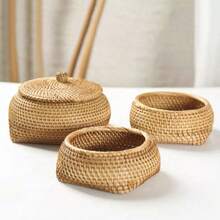 1pc Handmade Rattan Storage Box With Lid, Organizer Box, Small Box, Chess Piece Box, Candy Box, Jewelry Box, Natural Plant Rattan Crafts - Upper Circle and Lower Box - View 2