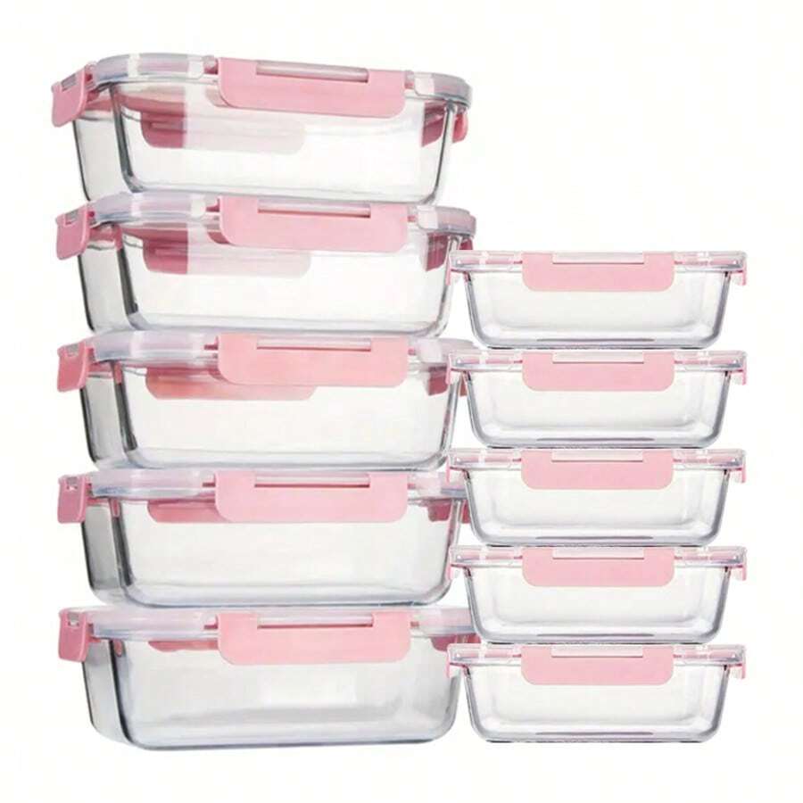 SHElN 10-Piece Glass Food Storage Containers Set, High Borosilicate Glass With Airtight Lids, Stackable & Microwave/Dishwasher , For Meal Prep, Office Lunch & Leftovers