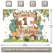 1pc Customisable Name Tropical Jungle Zoo Happy Birthday Backdrop Fabric, Adorable Cartoon Animal Pattern Design Suitable For Birthdays, Baby Shower Backdrop Decorations, Photography Banners Vinyl - C - View 3