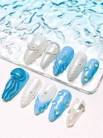 10 piezas de uñas postizas de almendra azul bebé blanco cromado hechas a mano de acrílico con polvo 3D, decoración de manicura curva, estilo francés, Y2K, vibra de isla de sirena