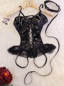 1 Set Of Punk Style Black Imitation Patent Leather Women Sexy Jumpsuit, Including Neck Ring Leash, Sexy Lingerie, Suspender Sexy Lingerie, Open Crotch Tights, Perfect For Halloween, Honeymoon, Date Night, Pajama Party, Gift, Rave