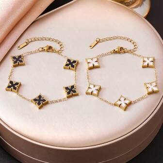 1pc Four-Leaf Clover Chain Bracelet, Gold-Tone With Black & White Inlay, Elegant Minimalist Style Fashion Jewelry For Women