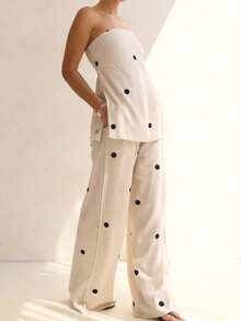 Two Piece Set Women Polka Dot Print Slim Fit Side Slit Strapless Tank Top+Loose Wide Leg Pants Set,Suitable For Casual Everyday Street Wear,Going Out Outfits,Spring Summer Clothes - 飯白色 - 查看 4