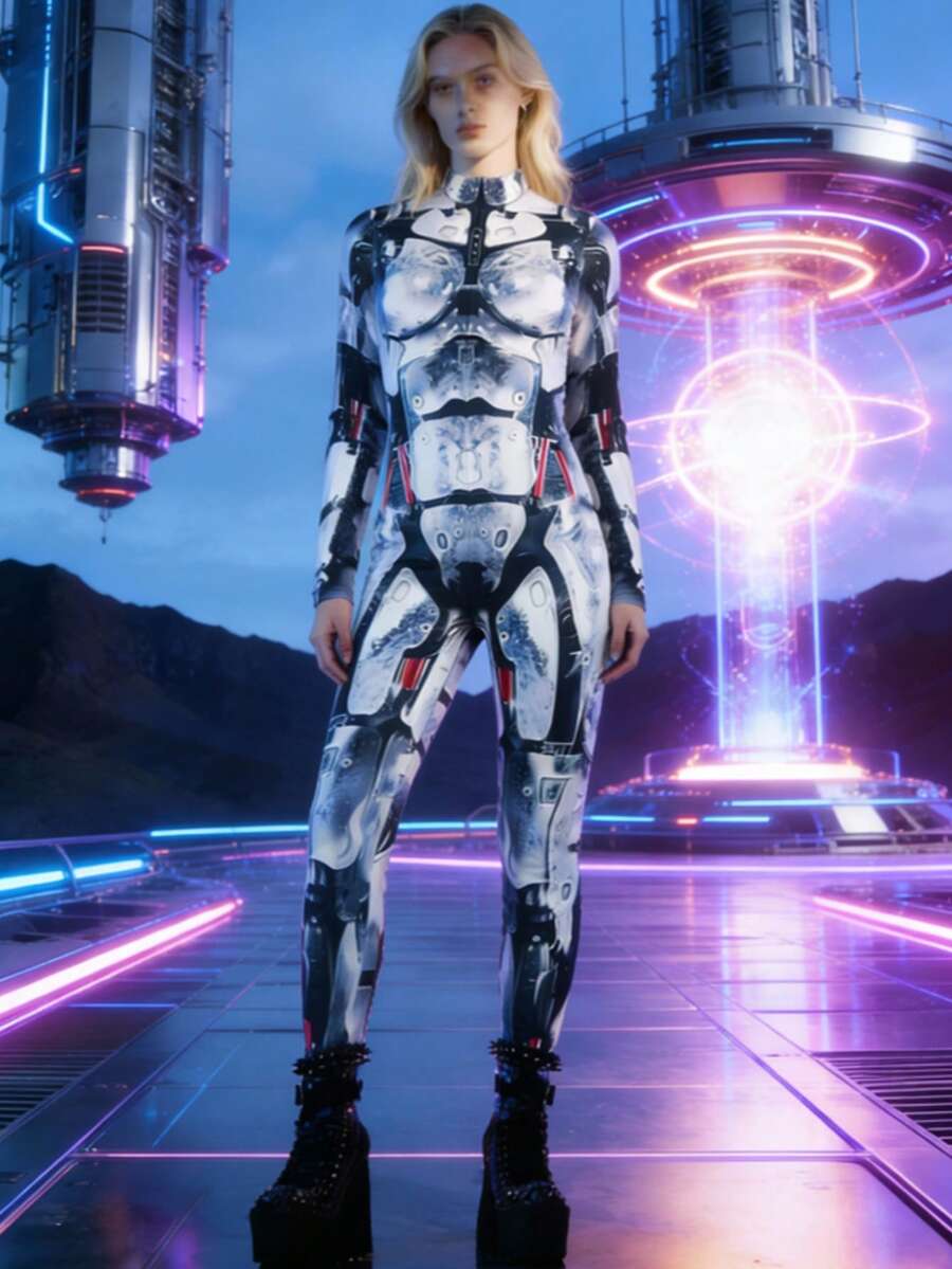 Women's Digital Print Bodysuit, Tight-Fitting Techno Stage Costume, Printed, Front Zipper, Long Sleeve, Suitable For Halloween Cosplay