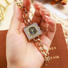 1pc/Set Square Fully Rhinestone Women's Bracelet Watch, Gold Thick Chain Paved Diamond Quartz Watch, Luxury Fashion Suitable For Women's Daily Wear Or Gift, Christmas, Valentine's Day, Ramadan, Eid, Carnival - one-size - View 6
