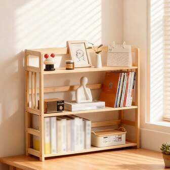 Natural 3-Tier Wooden Bookshelf (Multiple Widths: 60/80/100cm) - Stylish Book Rack & Multipurpose Storage Shelf For Home Office, Living Room & Study Decor