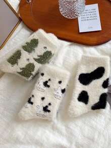 6 Pairs Women Faux Suede Thick Socks - Cute Dinosaur/Cow/Polka Dot Pattern Carpet Socks, Suitable For Autumn/Winter - Multicolor - View 2