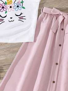 女童卡通印花短袖上衣和长裙 - 粉色 - 查看 4